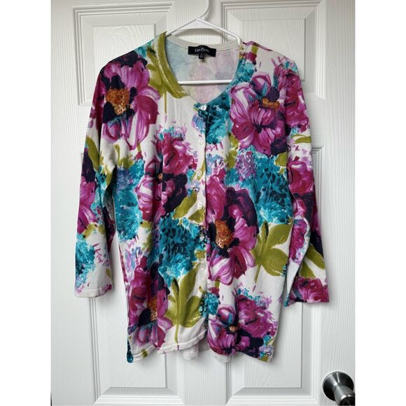Evan-Picone Sweater XL Women's Pastel Silk Purple Floral Spring Blue Art - Picture 1 of 4